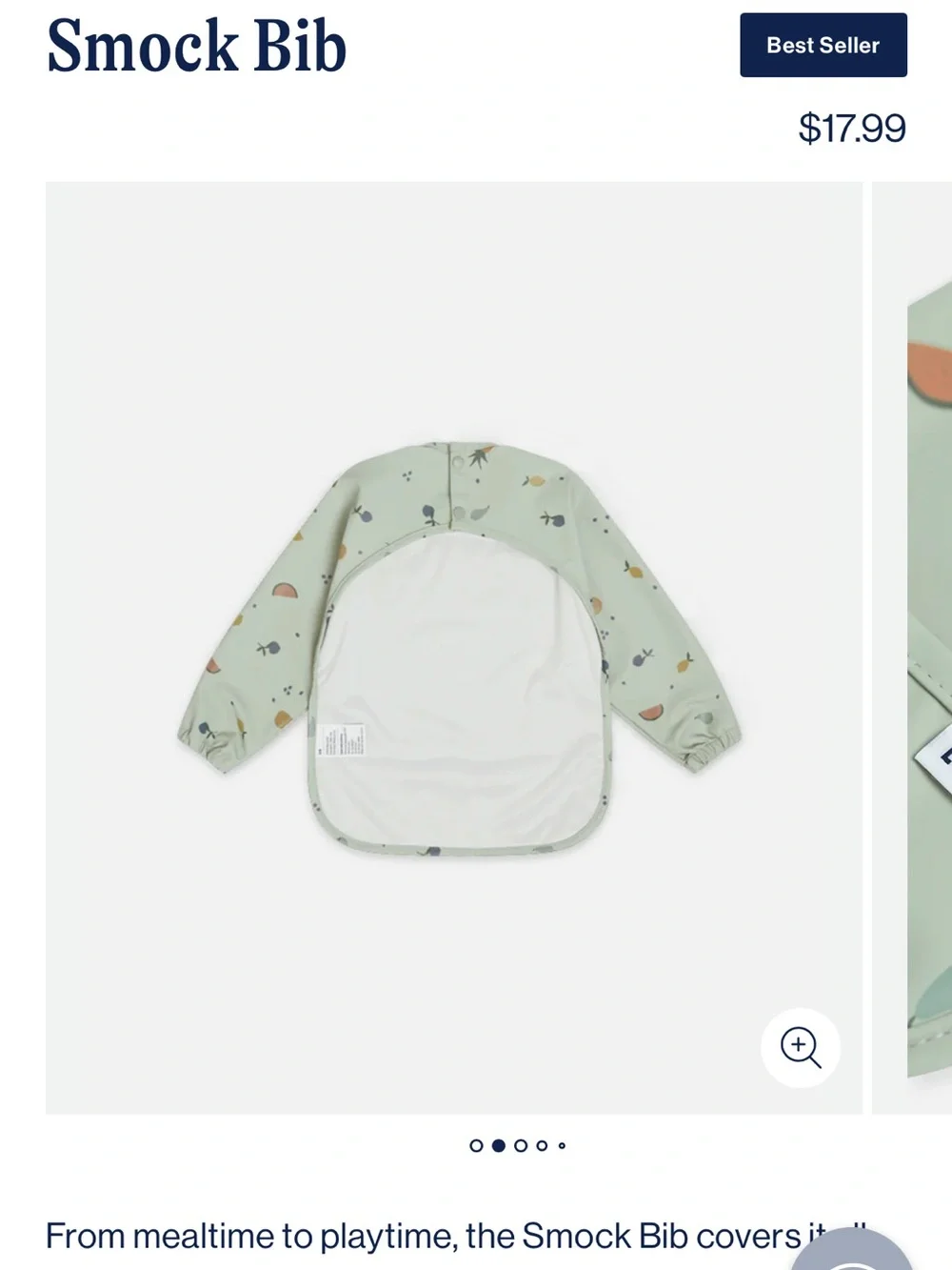 Long-Sleeve Smock Bib in Sage Green with Fruit Print